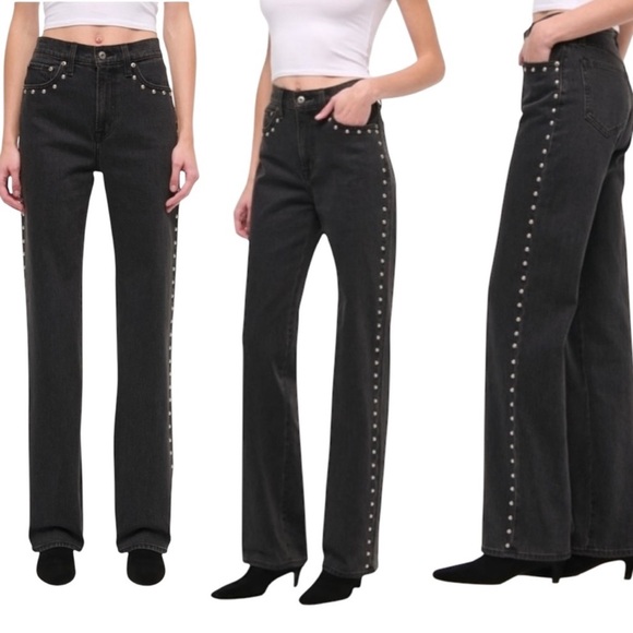 Abercrombie & Fitch High Rise 90s Relaxed Black Studded Jean Size 33 Long - Picture 1 of 7
